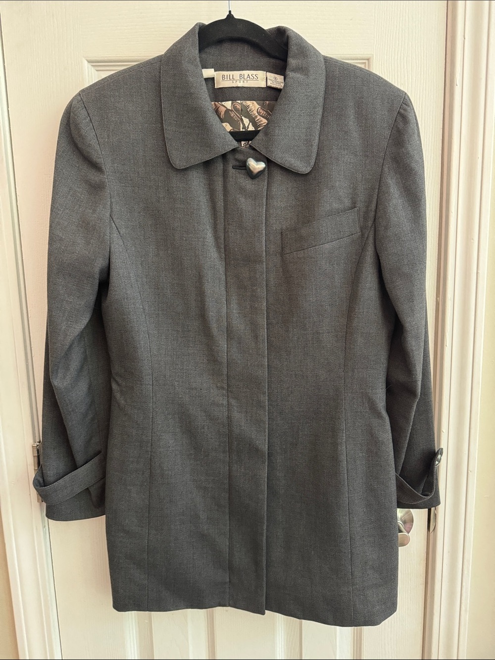 BILL BLASS Vintage Wool Blend Coat Gray Heart Buttons Size 8